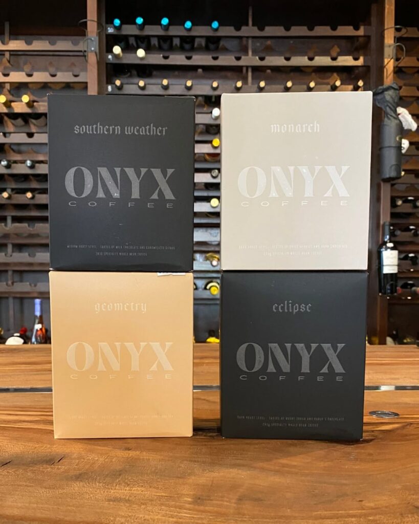 Onyx Coffee Lab Southern Weather, Monarch, Geometry and Eclipse coffee boxes at Mash and Vine Market in Little Rock, Arkansas