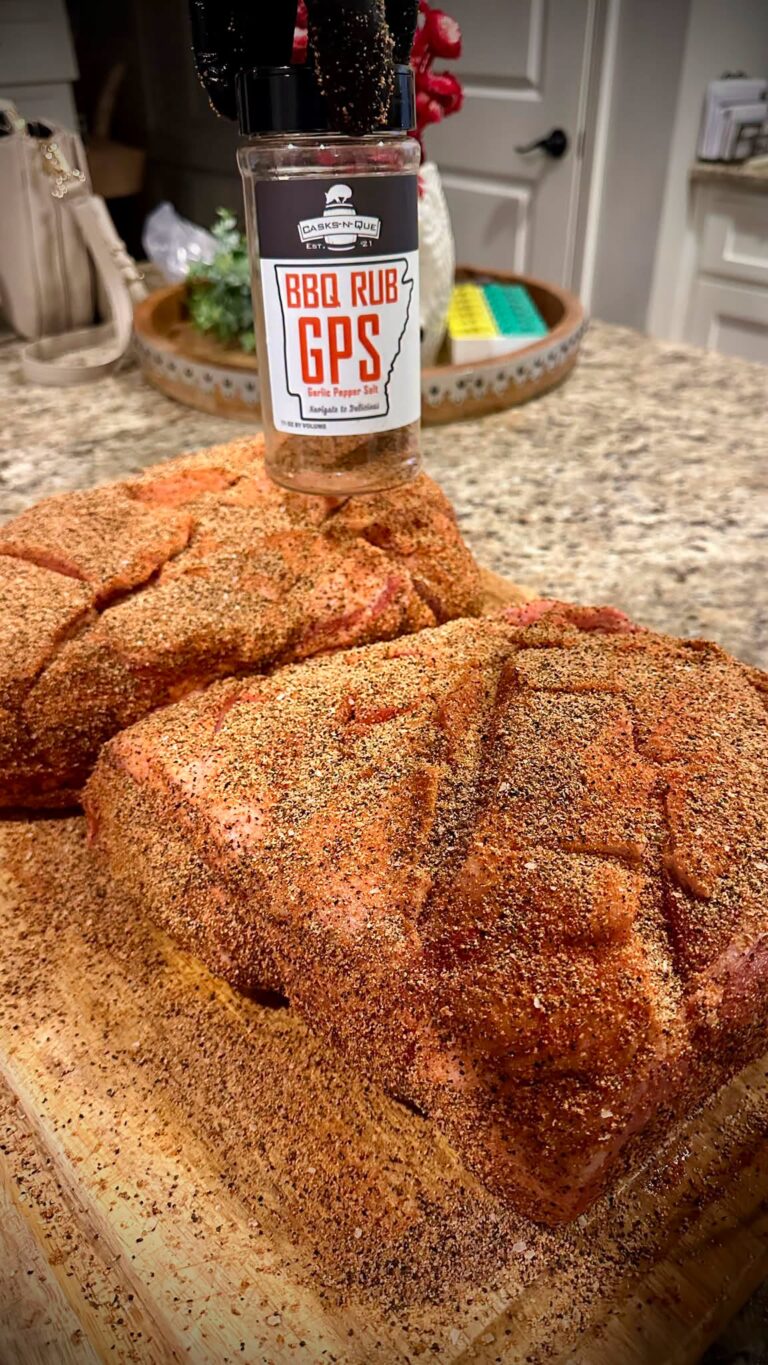 Casks-n-Que GPS Garlic Pepper Salt seasoning applied to pork butt before smoking