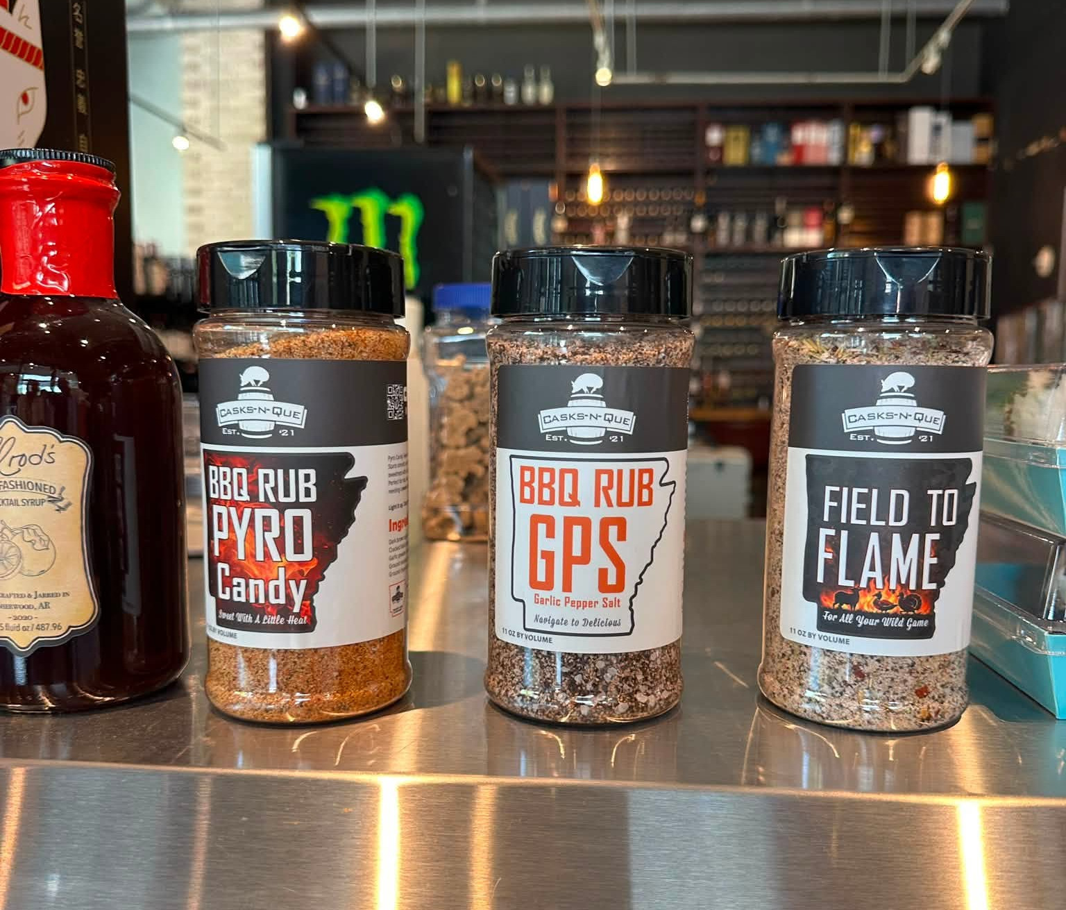 Casks-n-Que Pyro Candy, GPS and Field to Flame BBQ rubs at Mash & Vine Market in Little Rock