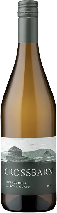 2021 Crossbarn Sonoma Coast Chardonnay wine bottle with gray screw cap and vineyard landscape label.