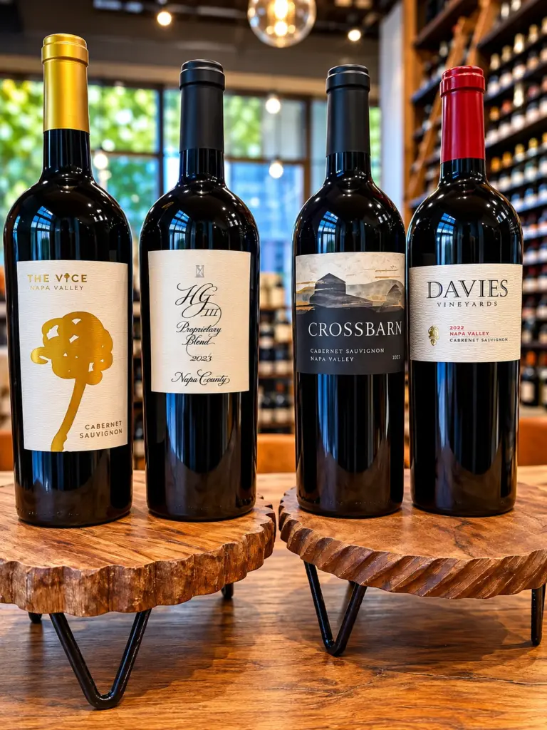 Premium California red wines at Mash & Vine Market featuring The Vice, Hourglass HG III, Crossbarn Cabernet Sauvignon, and Davies Vineyards.