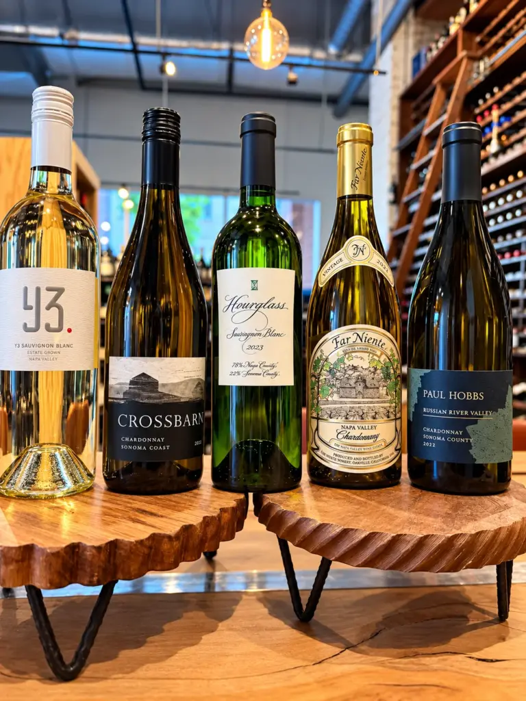 Selection of premium white wines at Mash & Vine Market, featuring Y3, Crossbarn, Hourglass, Far Niente, and Paul Hobbs.