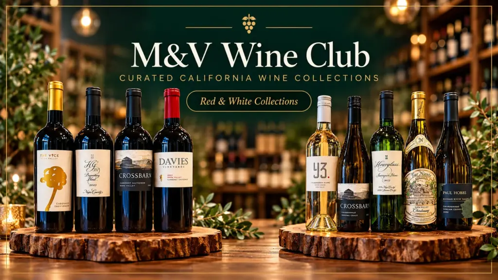 M&V Wine Club banner featuring four red and five white California wines in a wine-shop setting