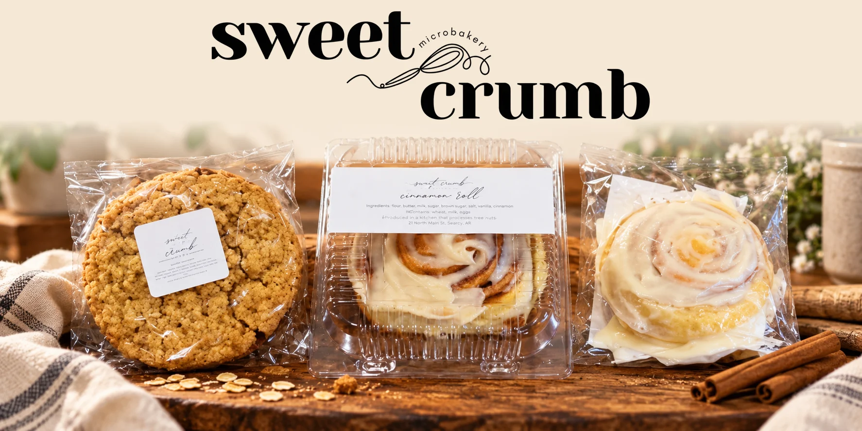 Sweet Crumb Microbakery Little Rock oatmeal cookie and iced cinnamon rolls in bakery packaging at Mash & Vine Market