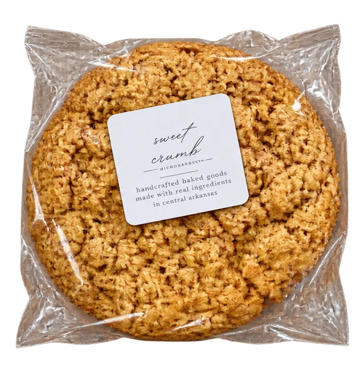 Individually wrapped Sweet Crumb oatmeal cookie in clear packaging